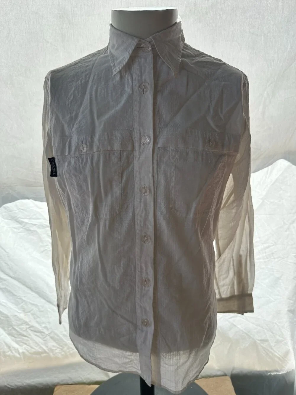 Chanel Women's White Button Down Cotton Linen Shirt Blouse Pockets Long Sleeves